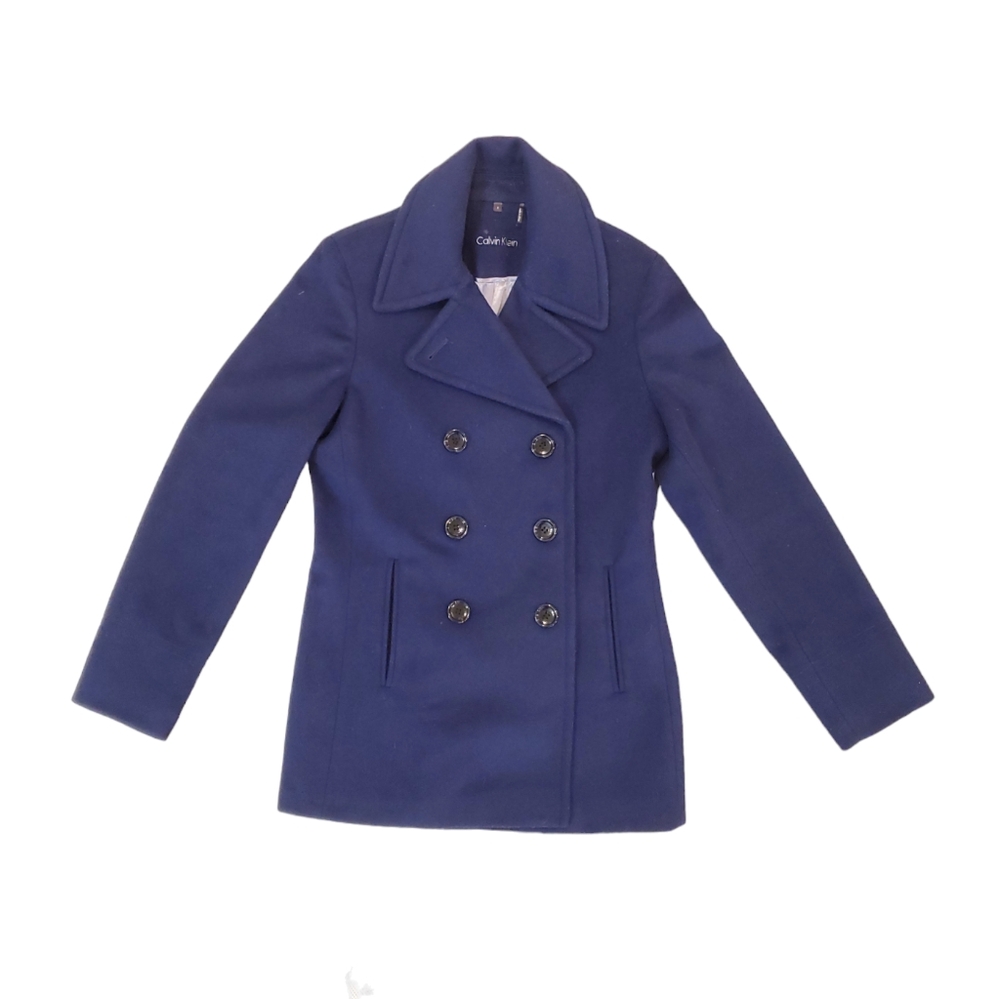 Calvin Klein Women's Navy‎ Blue Wool Button Up Peacoat Size 2